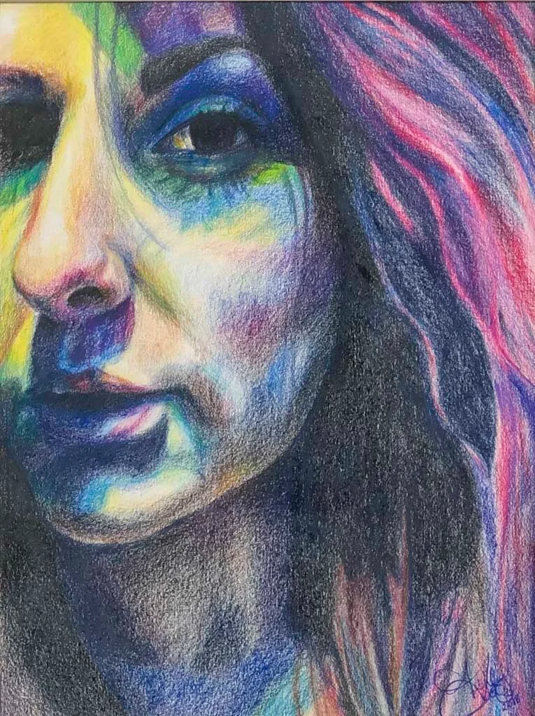 Vivid colored-pencil portrait by Ashley Fries